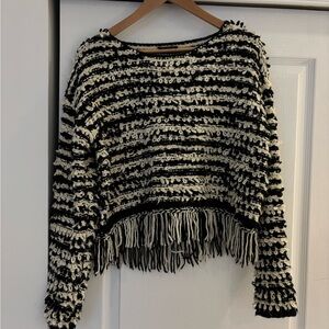 Storia Black & Cream Striped Fringe Pullover Sweater
